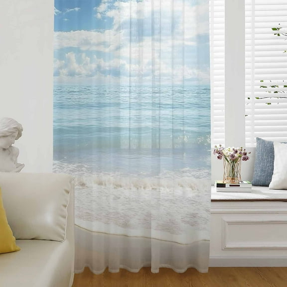 Blue Ocean Semi Sheer Curtains Drapes for Living Room, Bedroom, French Doors Window 45 Inches Long, Coastal Sea Beach Shore Sky Waves Scenery Rod Pocket Chiffon Curtain Drapery Voile Draperies Panel