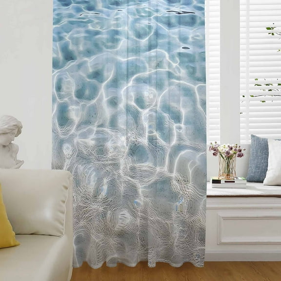 Blue Ocean Semi Sheer Curtains Drapes for Living Room, Bedroom, French Doors Window 45 Inches Long, Underwater Sea Waves Water Ripple Seascape Rod Pocket Chiffon Curtain Drapery Voile Drape Panel
