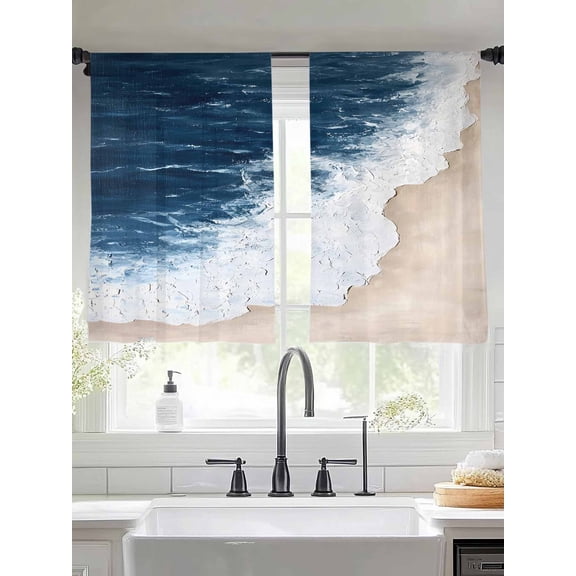 Blue Ocean Sheer Curtains 45 Inches Long 2 Panels Abstract Sea Waves Beach Coastal Landscape Light Filtering Semi Sheer Window Curtains Drapes for Bedroom Living Room 52"x45"