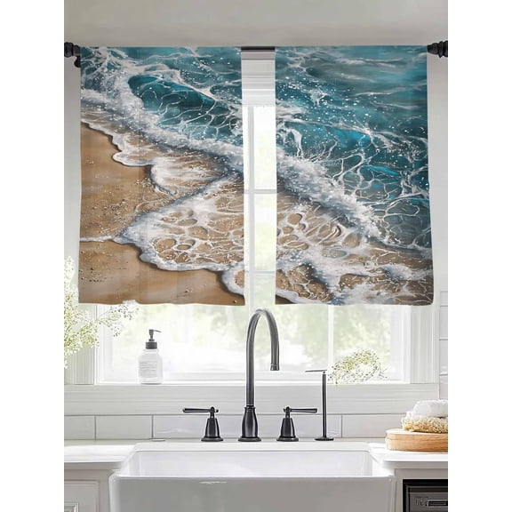 Blue Ocean Sheer Curtains 45 Inches Long 2 Panels Wave Beach Coastal Ripple Nature Scenery Light Filtering Semi Sheer Window Curtains Drapes for Bedroom Living Room 52"x45"