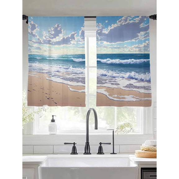 Blue Ocean Sheer Curtains 45 Inches Long 2 Panels Waves Beach Cloudy Sky Nature Seaside Scenery Light Filtering Semi Sheer Window Curtains Drapes for Bedroom Living Room 52"x45"