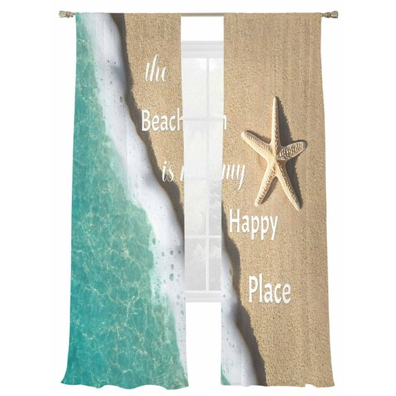Blue Ocean Sheer Curtains 84 Inch Length 2 Panels Set, Semi Transparent Voile Rod Pocket Curtains for Living Dining Room Bedroom Drapes Beige Starfish Beach Sunshine Text