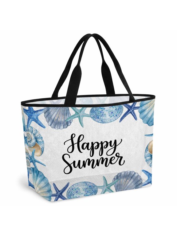 Blue Ocean Shells Conch Beach Bag for Women, Large Breathable Mesh Beach Tote Bag, Nautical Coastal Starfish Summer Sandproof Lightweight Travel Bags for Vacation Picnic Swimming Pool