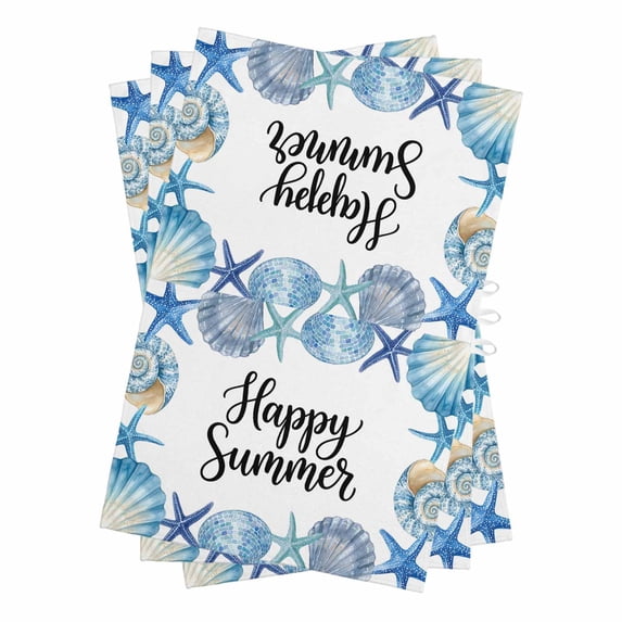 Blue Ocean Shells Conch Kitchen Towels Set of 3, Water Absorbent Dish Towel, Nautical Coastal Starfish Summer Decorative Hand Towels - Quick Drying Cloth for Cooking Baking, 18x28 Inch