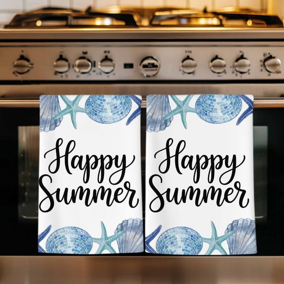 Blue Ocean Shells Conch Kitchen Towels Set of 4, Nautical Coastal Starfish Summer Absorbent Dish Towels for Kitchen, Microfiber Hand Towel, Quick Drying Tea Towel for Cleaning Decorative Dishcloths