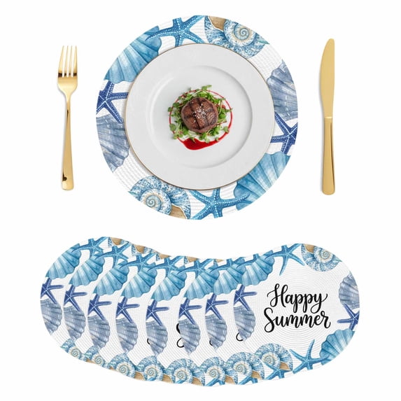 Blue Ocean Shells Conch Round 15 Inch Placemats Set of 8, Nautical Coastal Starfish Summer HeatResistant Non Slip Place Mats for Dining Table, Wipeable Braided Kitchen Table Mats for Housewarming