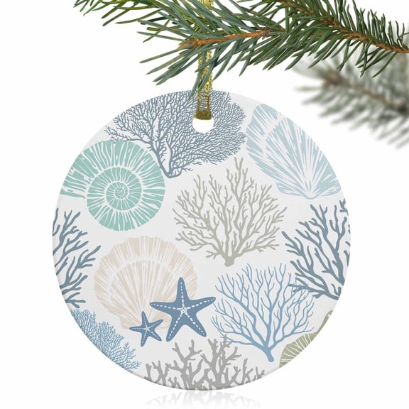 Blue Ocean Shells Coral Christmas Ceramic Ornament 2025,3" Round Xmas Tree Hanging Accessories with Gold Ribbon