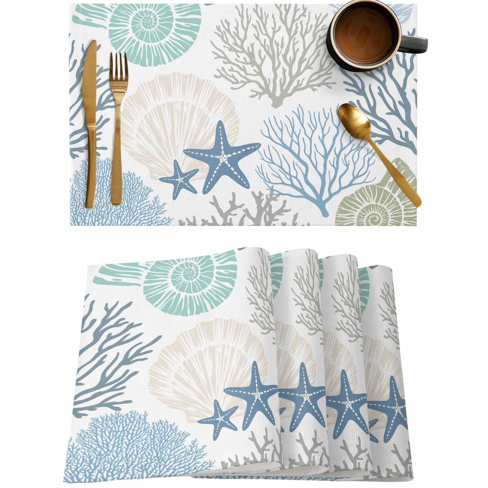 Blue Ocean Shells Coral Placemats Set of 4,Wipeable Washable Table Mats ...