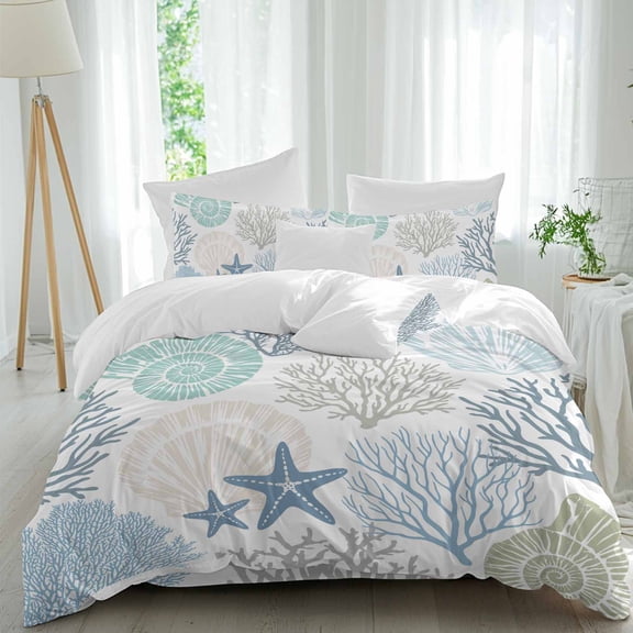 Blue Ocean Shells Coral Queen Size Bed Set,Conch Starfish Marine Life Bedding for All Seasons,4 Pcs Bed Set,1 Quiltcover(90"x92"),1 Sheet(94"x116"),2 Pillowcases(30"x20")