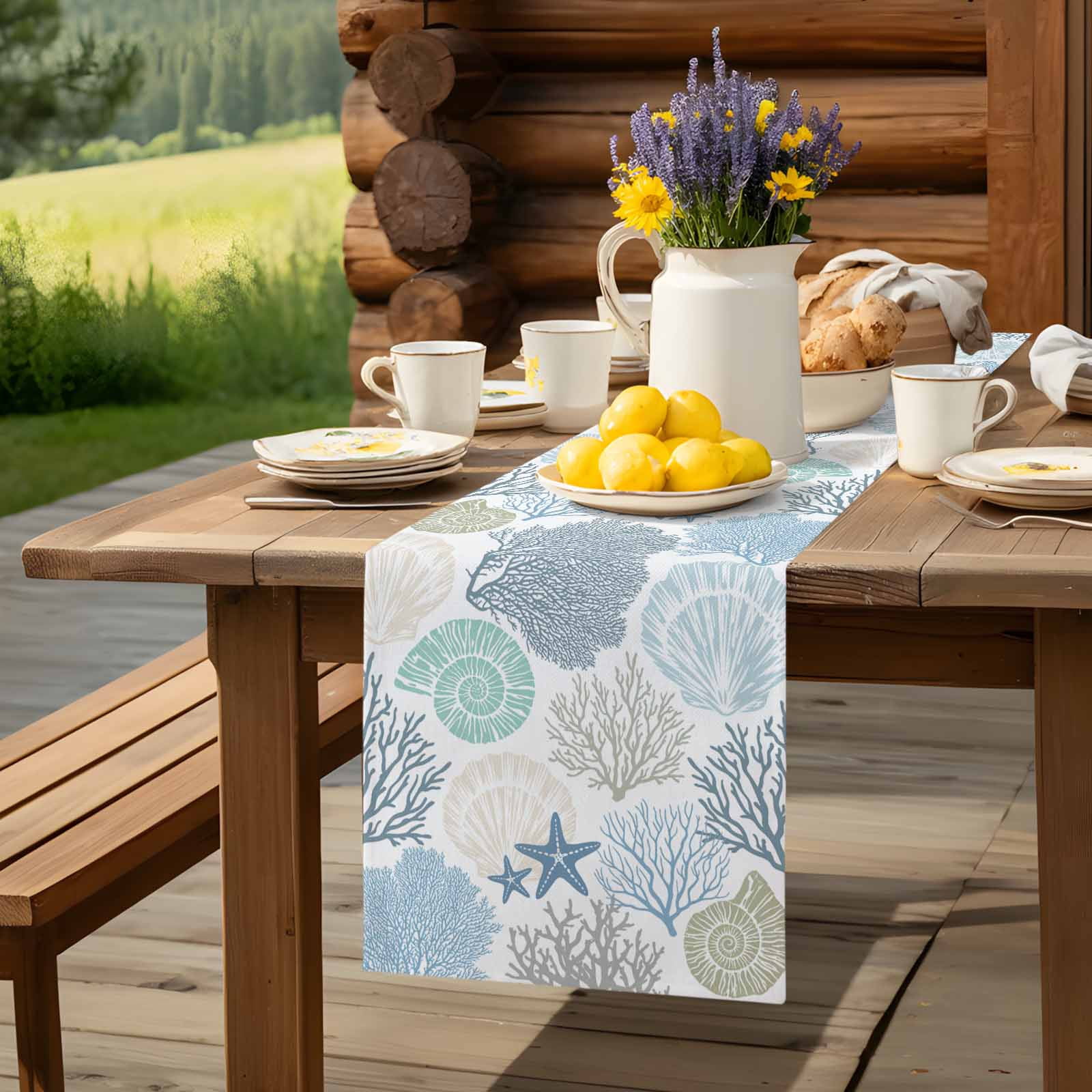 Blue Ocean Shells Coral Table Runner 70 Inch Long Conch Starfish Marine ...