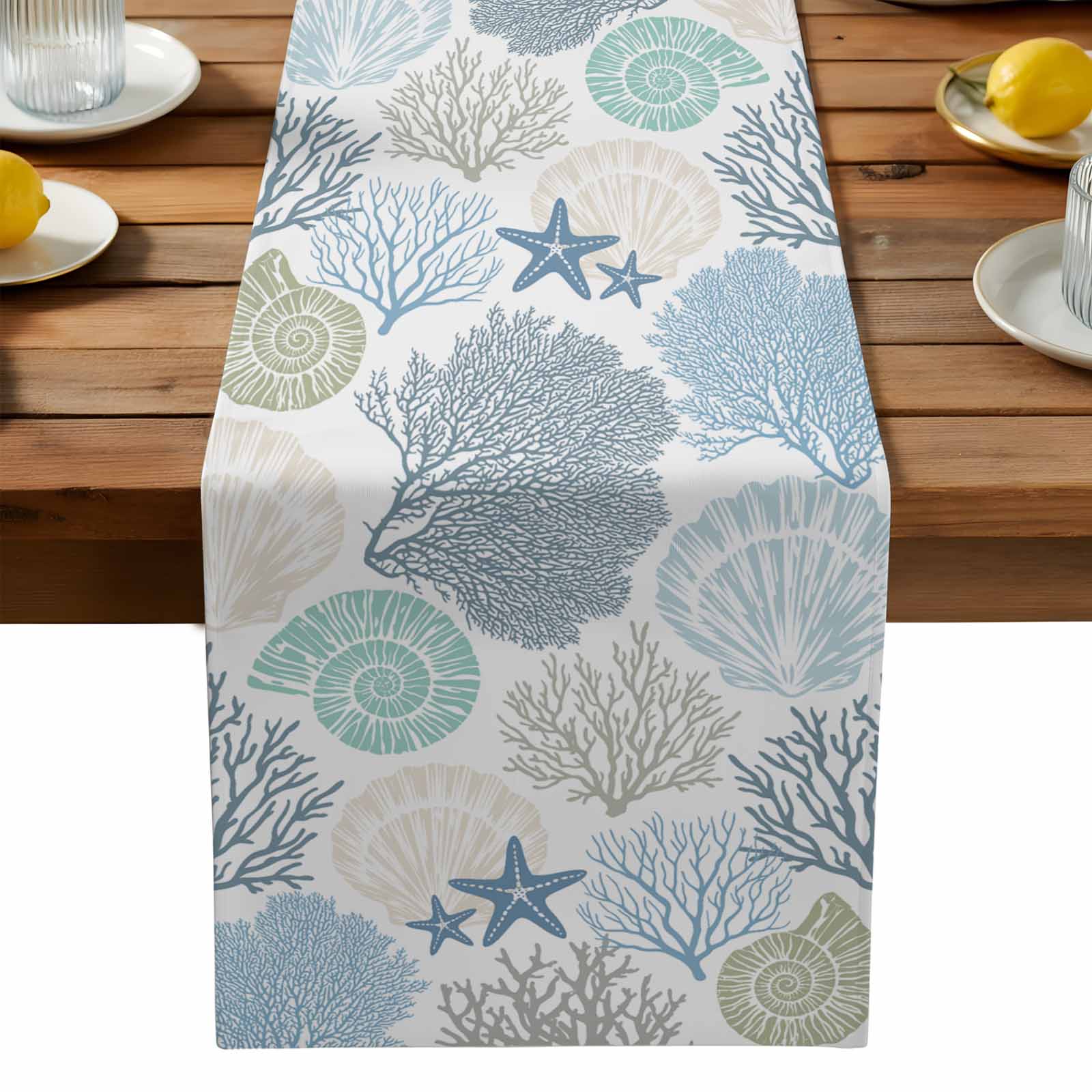 Shell Table Runner Blue Ocean Shells Coral Table Runners 13x90 Inches Long Linen Burlap ...