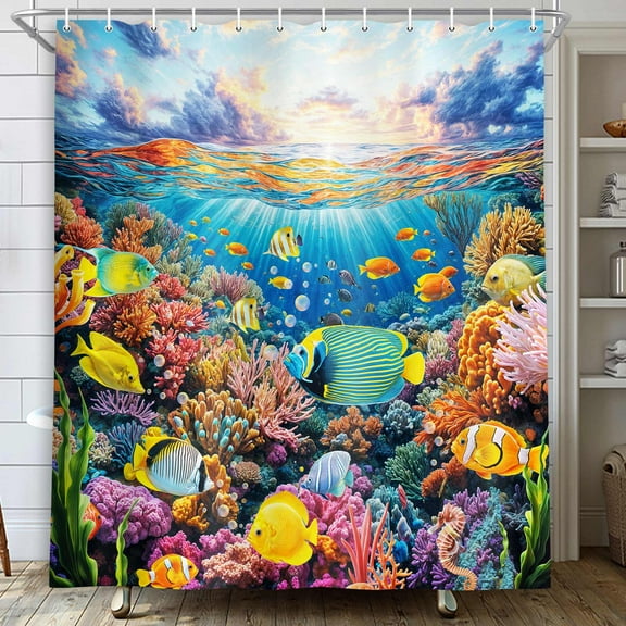 Blue Ocean Shower Curtain for Bathroom, Fish Underwater World Kids Bath Curtains with 12 Hooks Summer Tropical Colorful Coral Marine Life Shower Curtain for Children Sea Bathroom Decor,70X70IN