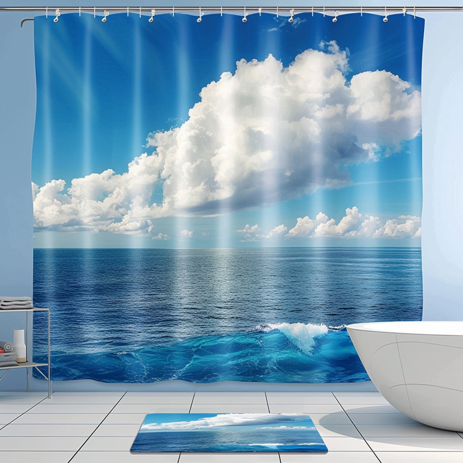 Blue Ocean Shower Curtain Set with White Clouds Bathroom Decor ...