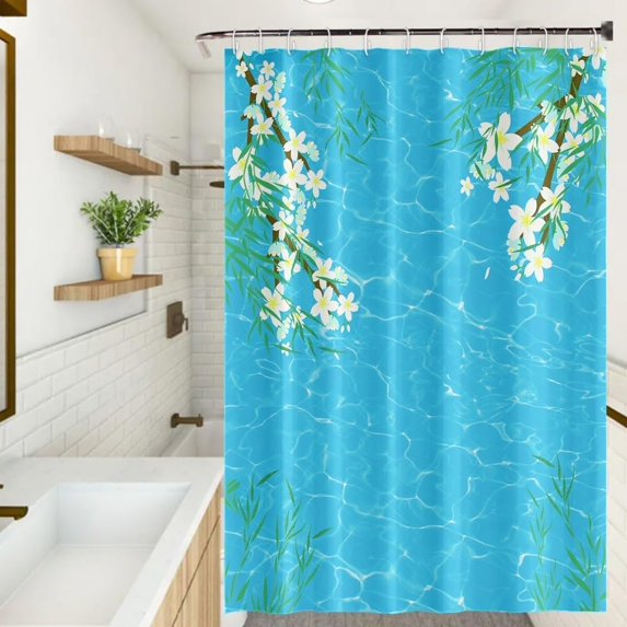 Blue Ocean Shower Curtain Spring Nature Floral Green Leaves Bath Curtains Decorative Polyester Fabric Cloth Washable Bathroom Shower Curtains Set with Hooks, 72x72 Inch