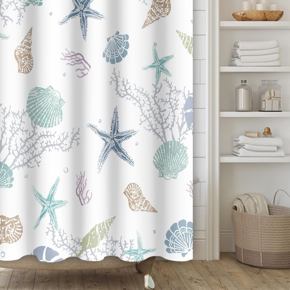 Blue Ocean Shower Curtain, Starfish Coral Nautical Coastal Shower Curtain Set for Bathroom, Nautical Marine Theme Ocean Sea Underwater
