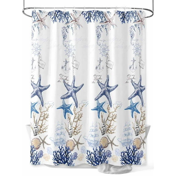 Blue Ocean Shower Curtain, Starfish Shell Coral Vintage Nautical Theme Marine Waterproof Shower Curtain Set with 12 Hooks Lightweight Washable Fabric Shower Curtains for Bathroom 72x78 Inches