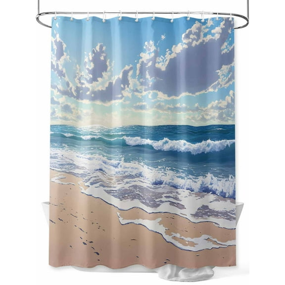 Blue Ocean Shower Curtain, Waves Beach Cloudy Sky Nature Seaside Scenery Waterproof Shower Curtain Set with 12 Hooks Lightweight Washable Fabric Shower Curtains for Bathroom 36x72 Inches