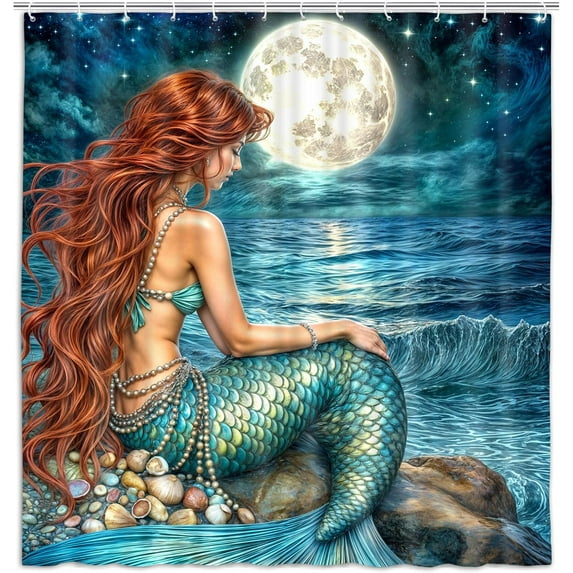 Blue Ocean Shower Curtain for Bathroom Moon Night Beach Coastal Bathroom Decor Set Hooks Included, 69X84IN