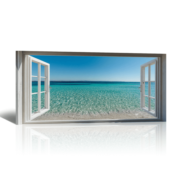 Blue Ocean Sky Canvas Wall Art - Summer Open Window Canvas Prints Landscape Paintings, Oversized Tropical Sea Horizontal Artwork for Living Room Bedroom Home Decor,40x20"