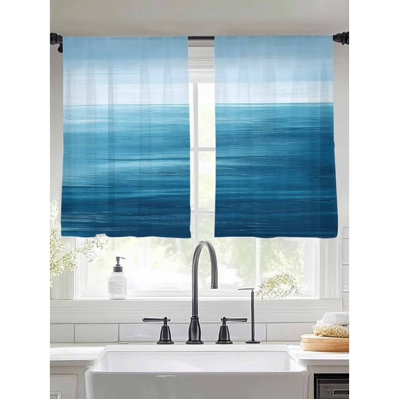Blue Ocean Sky Sheer Curtains 45 Inches Long 2 Panels Waves Oil Painting Style Modernism Light Filtering Semi Sheer Window Curtains Drapes for Bedroom Living Room 52"x45"