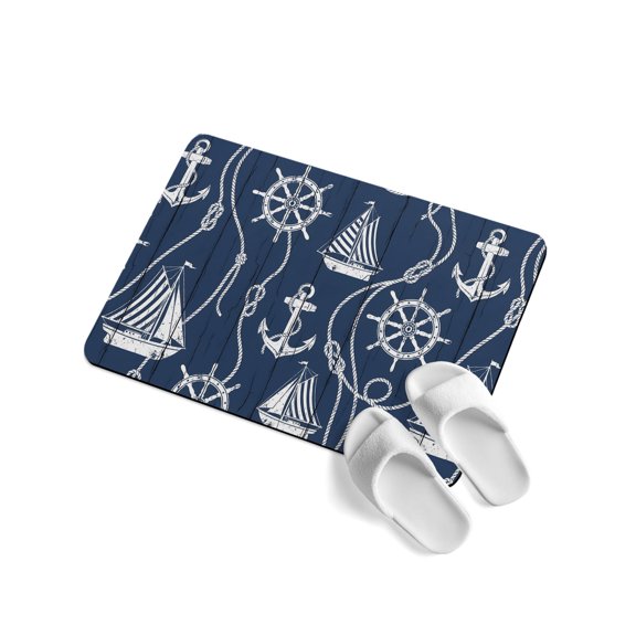 Blue Ocean Soft Diatomaceous Earth Mat, Rustic Nautical Coastal Sea Beach Sailboat Anchor Rope Absorbent Bath Mat Non Slip Rubber Backed Quick Dry Doormat Fit Under Door for Bathroom Kitchen 16"x24"