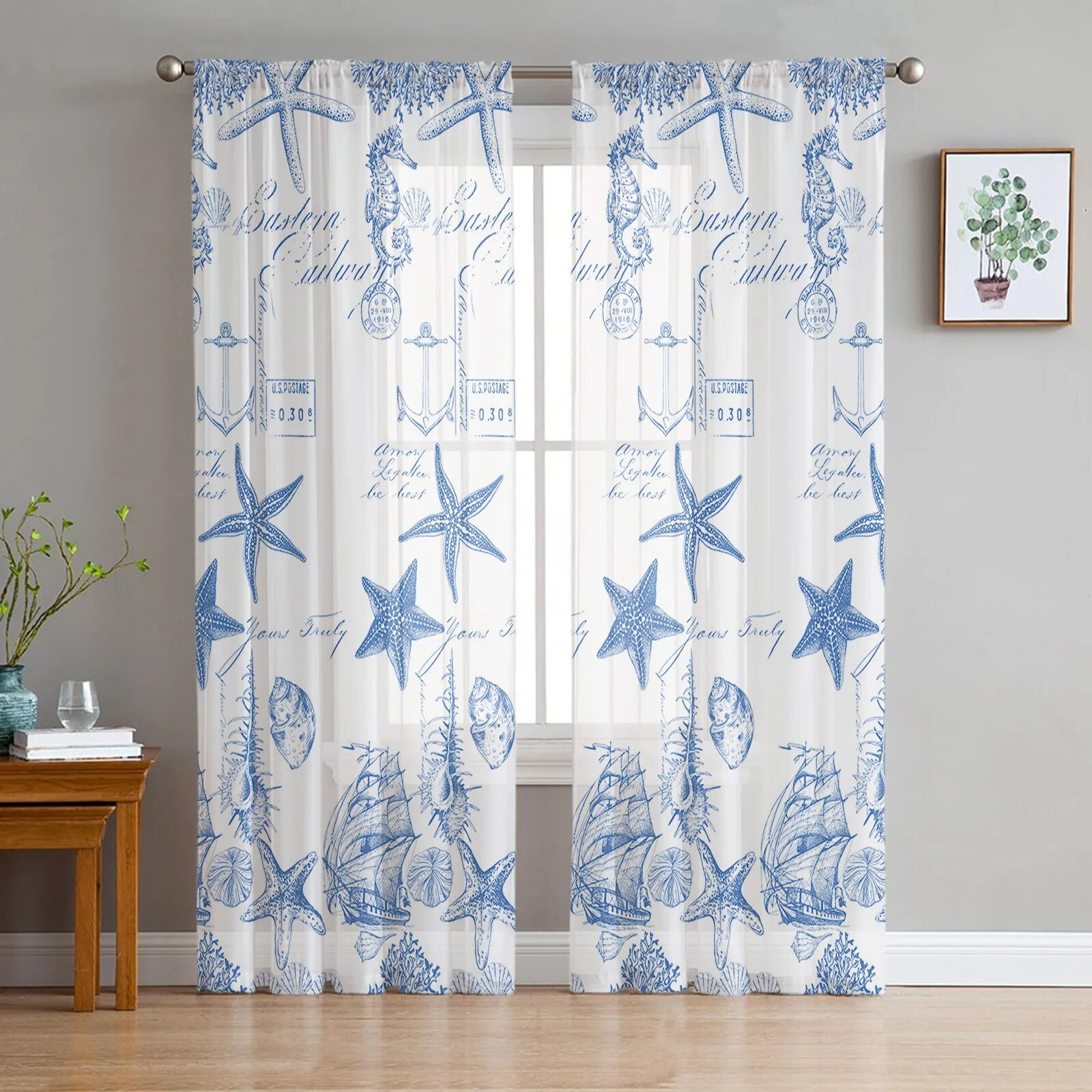Blue Ocean Star Shell Coral Sheer Curtains For Living Room Bedroom Kitchen ration Window Voiles ...