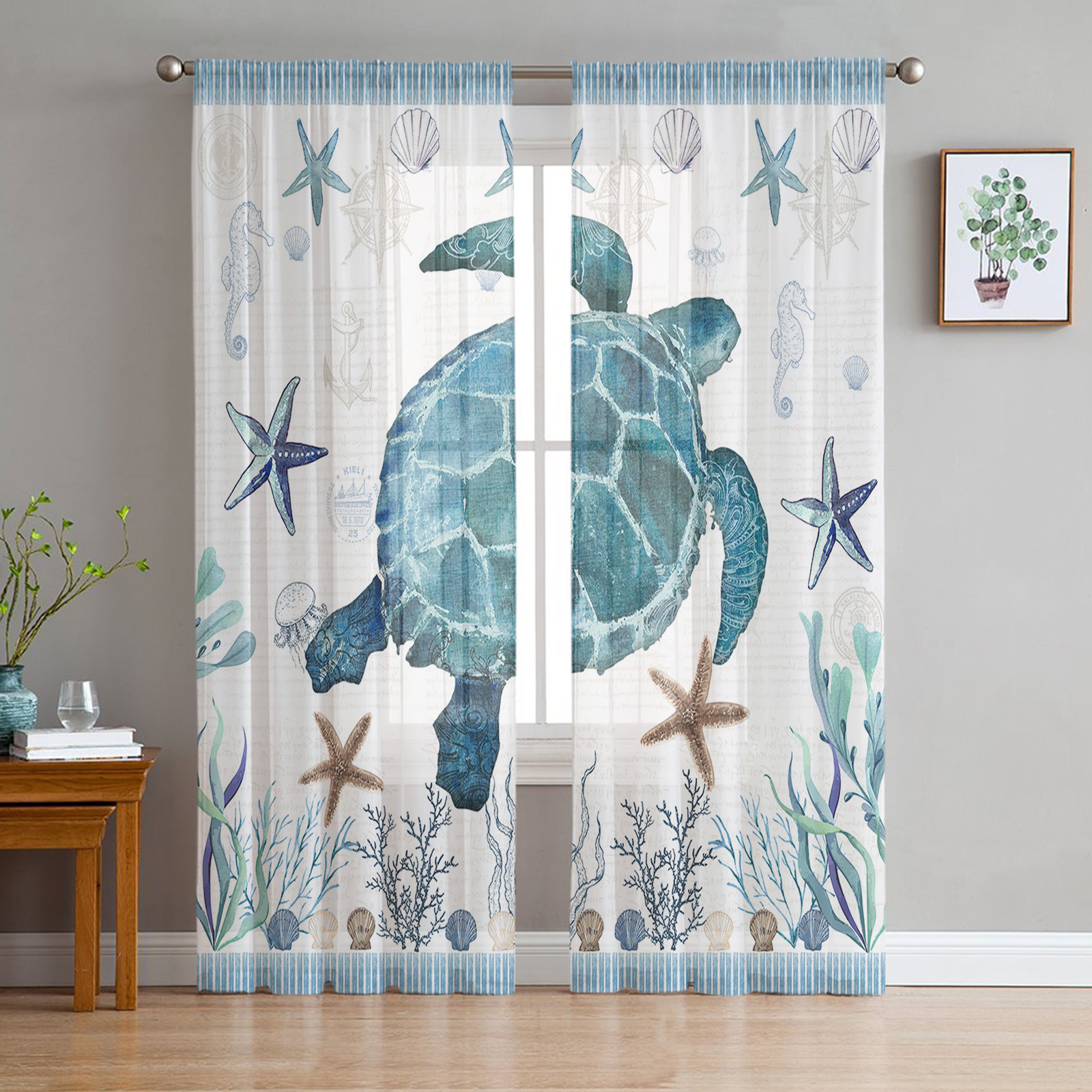 Transparent Rations Blue Ocean Star Shell Coral Tulle Curtains for Living Room Bedroom ...