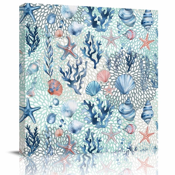 Blue Ocean Starfish Coral Shell Conch Canvas Artwork Painting Art, Marine Life Square Framed Wall Decorations Prints Picture for Bedroom Kitchen Living Room, 8x8 in