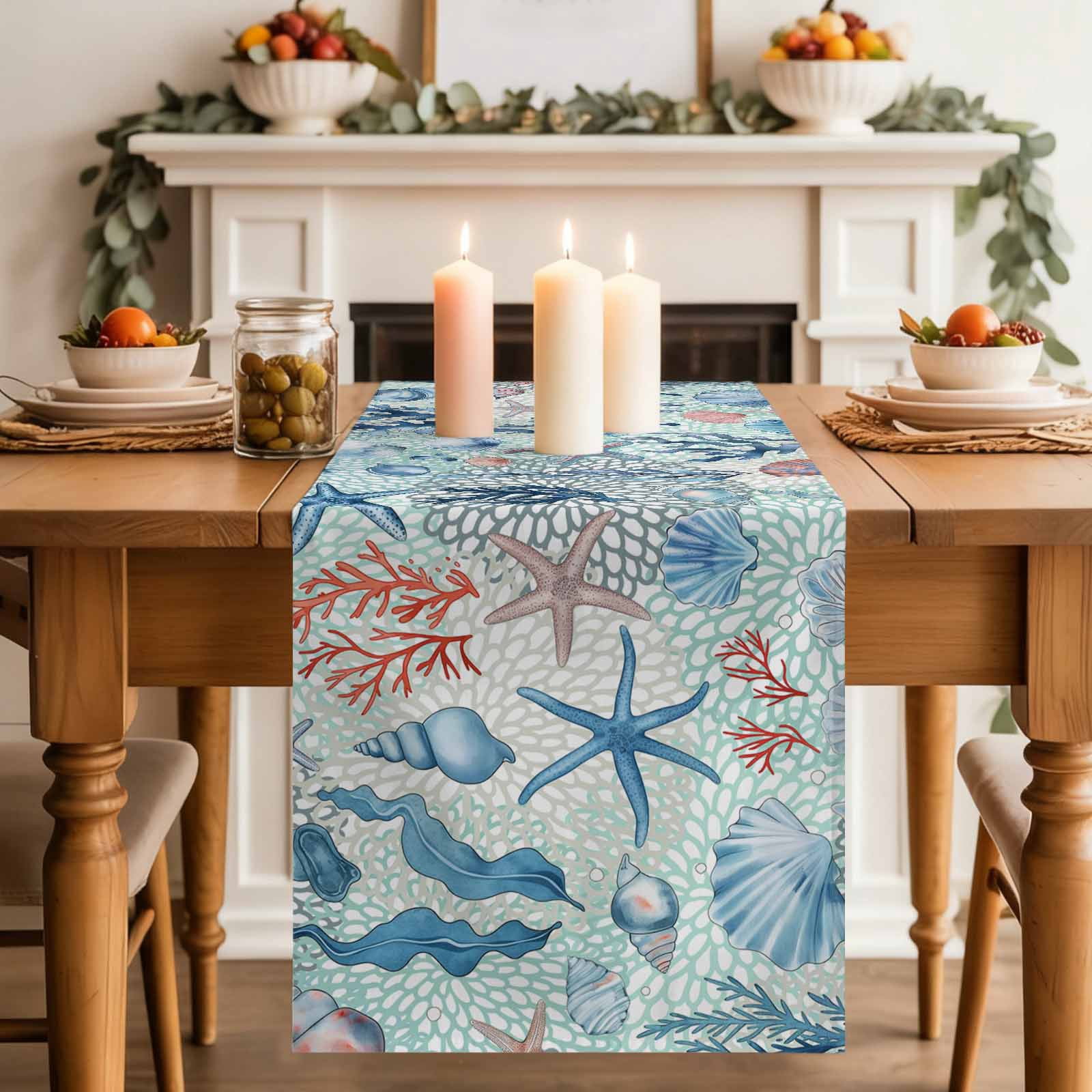 Shell Table Runner Blue Ocean Starfish Coral Shell Conch Table Runner-120 Inch Long Marine ...