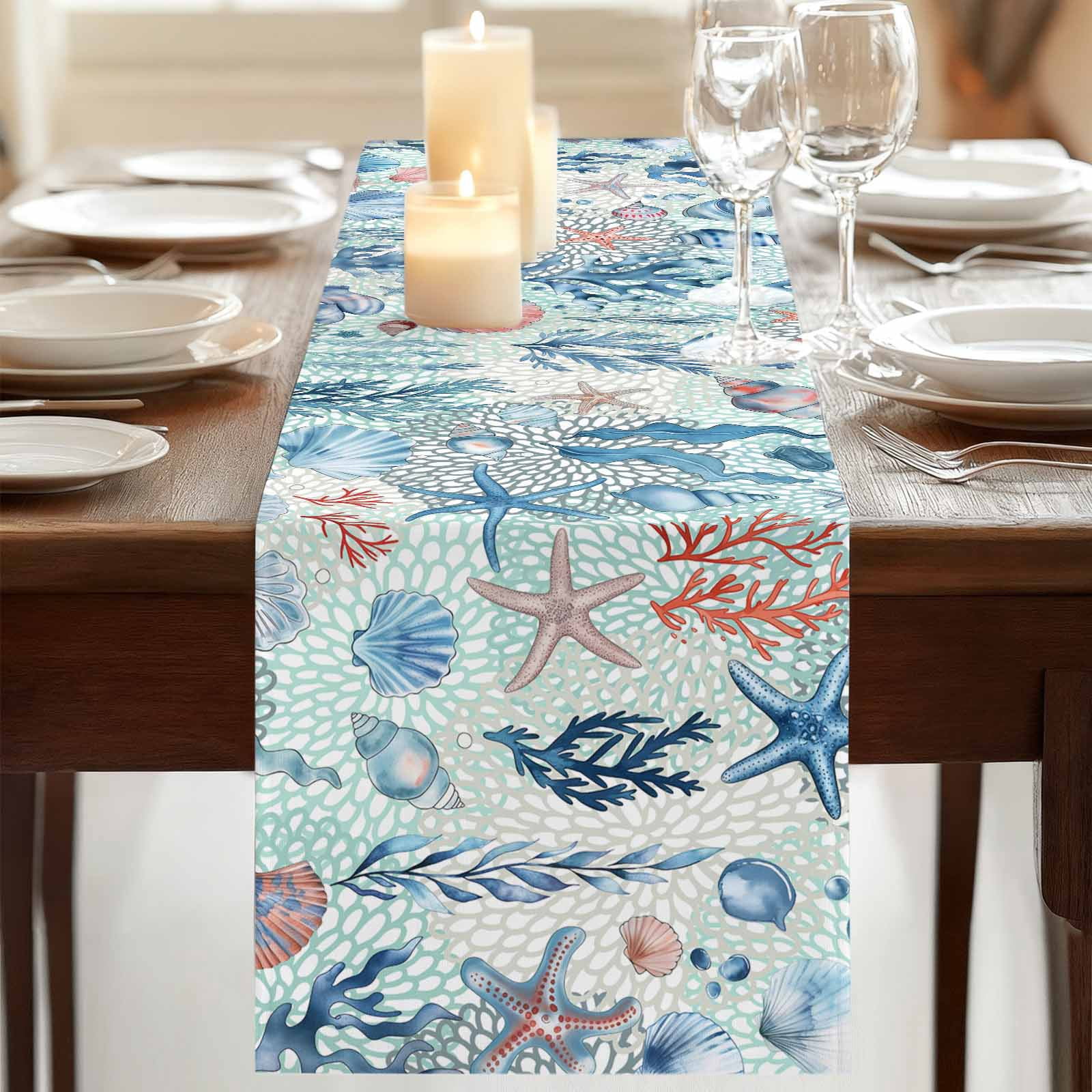 Shell Table Runner Blue Ocean Starfish Coral Shell Conch Table Runner-70 Inch Long Marine ...