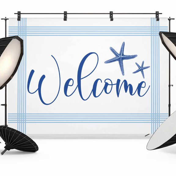 Blue Ocean Starfish Photography Backdrop 7x5FT, Welcome Blue Stripe Summer Photo Backdrops, Background for Photography Studio Photo Studio Background, Back Drop for Photoshoot