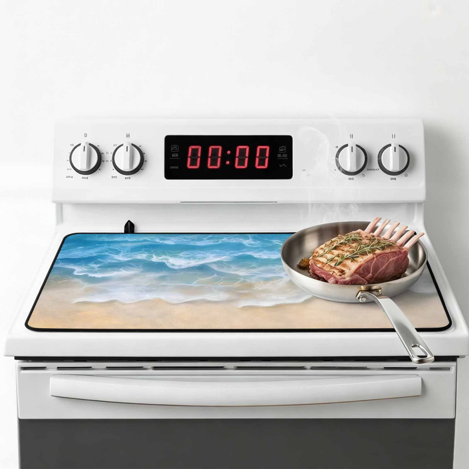 Blue Ocean Stove Top Cover for Electric Stove, Heat-proof & Non Slip Glass Top Stove Cover Protector, Nature Summer Beach Brown Sand Water Ripple Kitchen Flat Cooktop Rubber Mat 24x21 Inches