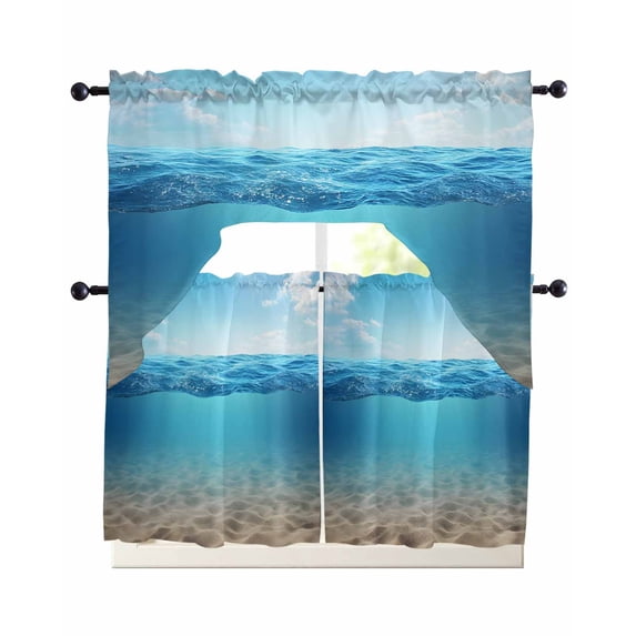 Blue Ocean Swag Kitchen Curtains Sets for Windows 24 Inch Length, Summer Beach Sky Waves Sandy Underwater Short Window Curtain Panels Swags Valances and Tiers 3 Piece Set for Cafe/Dining Room
