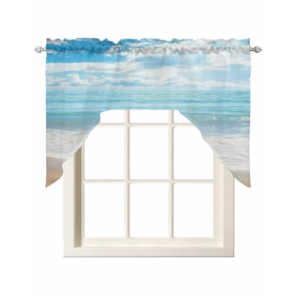 Blue Ocean Swag Valances for Windows, Small Curtains Drapes, Coastal Sea Beach Shore Sky Waves Scenery Kitchen Window Curtains Over Sink Window Treatment Valance for Bedroom/Bathroom 56"x36"