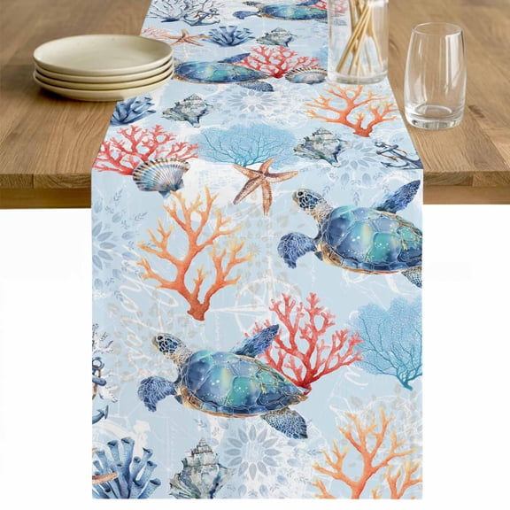 Blue Ocean Table Runner 36 Inches Long Farmhouse Dress Scarves, Summer Coastal Beach Nautical Sea Turtles Corals Dining Tablerunner for Coffee Table/Kitchen Island/Party Décor, Small 13" x 36"