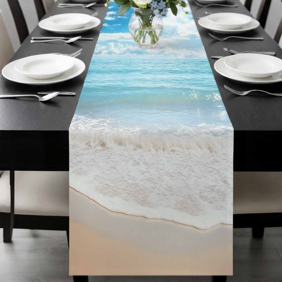 Blue Ocean Table Runner 48 Inches Long, Coastal Sea Beach Shore Sky Waves Scenery Kitchen Coffee Dining Table Decoration for Home Party Birthday Wedding Home Decor 13x48 Inches