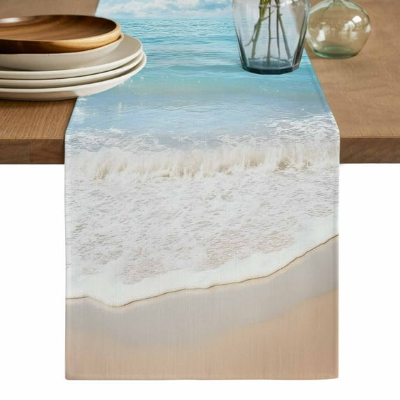Blue Ocean Table Runner, Coastal Sea Beach Shore Sky Waves Scenery Washable Cotton Linen Table Runners 36 Inches Long, Dresser Scarf Runner for Nightstand/End Tables/Round Tables 13''x36''