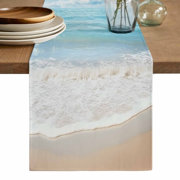Blue Ocean Table Runner, Coastal Sea Beach Shore Sky Waves Scenery Washable Cotton Linen Table Runners 36 Inches Long, Dresser Scarf Runner for Nightstand/End Tables/Round Tables 13''x36''