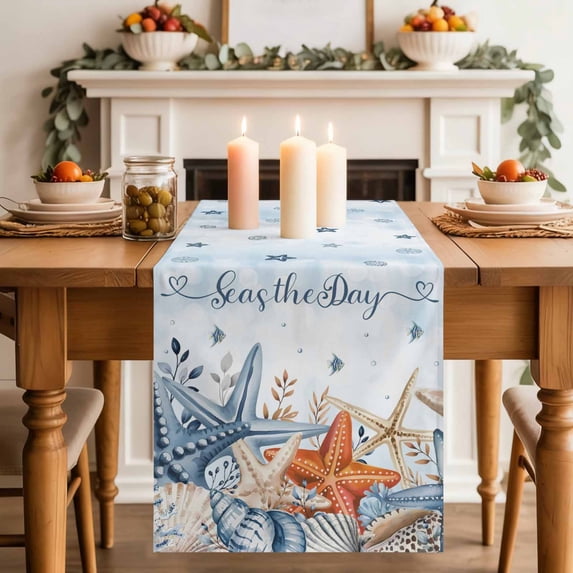 Blue Ocean Table Runner, Seas The Day Cotton Linen Kitchen Table Decoration Washable Dining Tabletop Runners for Home Party Decor 13x72 Inches