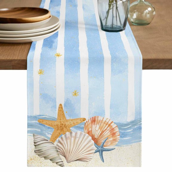 Blue Ocean Table Runner, Summer Marine Shells Couch Starfish Beach Watercolor Washable Cotton Linen Table Runners 48 Inches Long, Dresser Scarf Runner for Nightstand/Coffee/End Tables 13''x48''