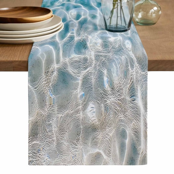 Blue Ocean Table Runner, Underwater Sea Waves Water Ripple Seascape Washable Cotton Linen Table Runners 120 Inches Long, Dresser Scarf Runner for Dining/Living Room/Kitchen/Square Tables 13''x120''