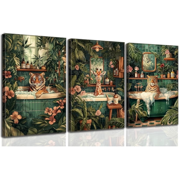 Blue Ocean Theme Bathroom Wall Art Gator Dolphin and Sea Turtle in Bathtub Picture Wall Decor Tropical Coastal Animals Poster Canvas Print Artwork for Toilet Washroom Restroom Decor Unframed