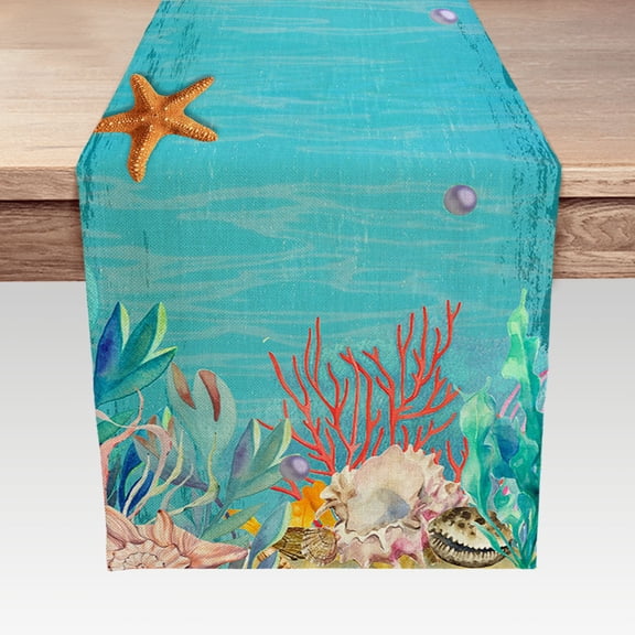Blue Ocean Theme Table Runner 13"X72", Tropical Beach Starfish Summer Linen Table Decor for Kitchen Dining Room Coffee Table