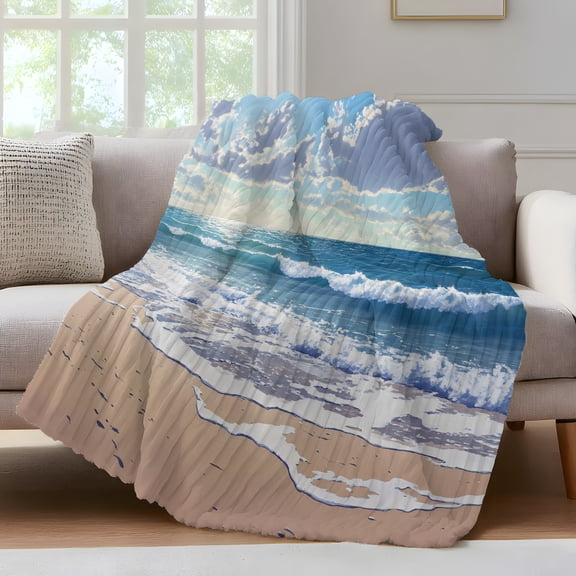 Blue Ocean Throw Blanket for Couch Waves Beach Cloudy Sky Nature Seaside Scenery Soft and Warm Flannel 3D Striped Fluffy Fuzzy Fleece Blanket Lightweight Throw for Bed, Sofa 32 x 48 Inches