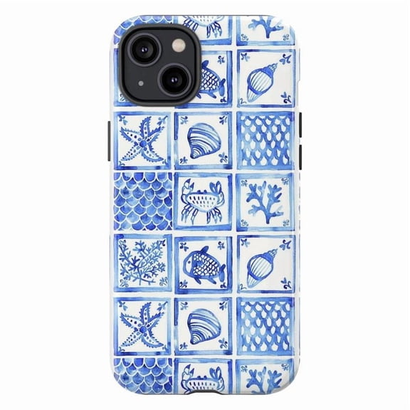 Blue Ocean Tile Pattern Phone Case | Nautical Sea Life iPhone Cover | Coastal Mediterranean Style Phone Cover for iPhone 16 15 14 13 12 11 Pro Max