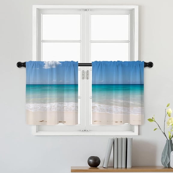 Blue Ocean Tropical Beach Tiers Window Half Valances, Footprints Idyllic Sandy Beach Turquoise Ocean Behind Kitchen Tiers for Bedroom Heat Insulated for Decor,26x24 inch Set of 2