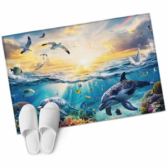 Blue Ocean Turtle 2'x3' Washable Rug, Dolphins Animals Coral Orange Sunlight Non-Slip Soft Doormat Area Rugs for Entrance Bathroom Bedsides, Carpet for Kitchen Bedroom, Entryway Floor Mat