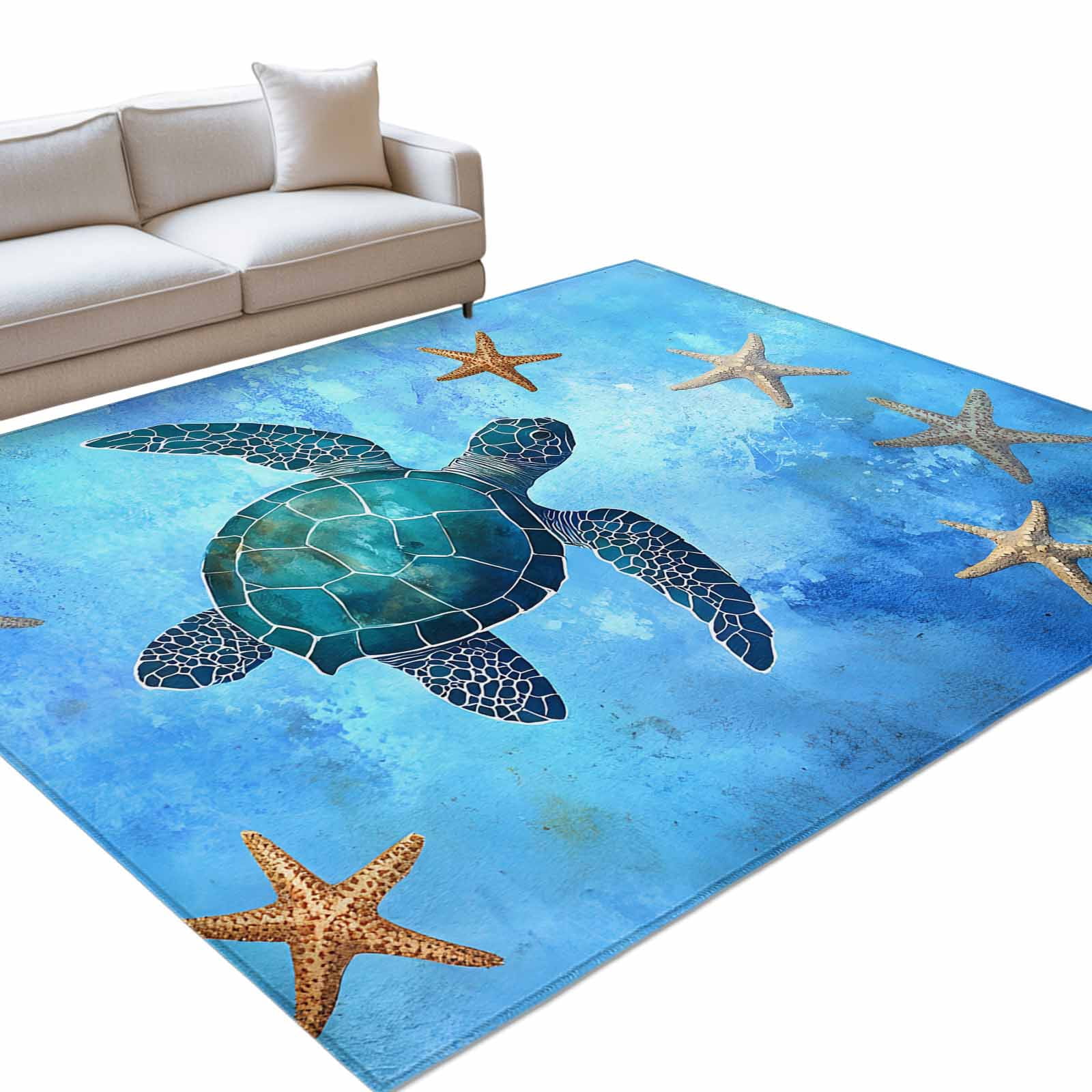 Turtle School Rug Blue Ocean Turtle Area Rugs 3x5ft Vintage Nautical Watercolor Sea ...