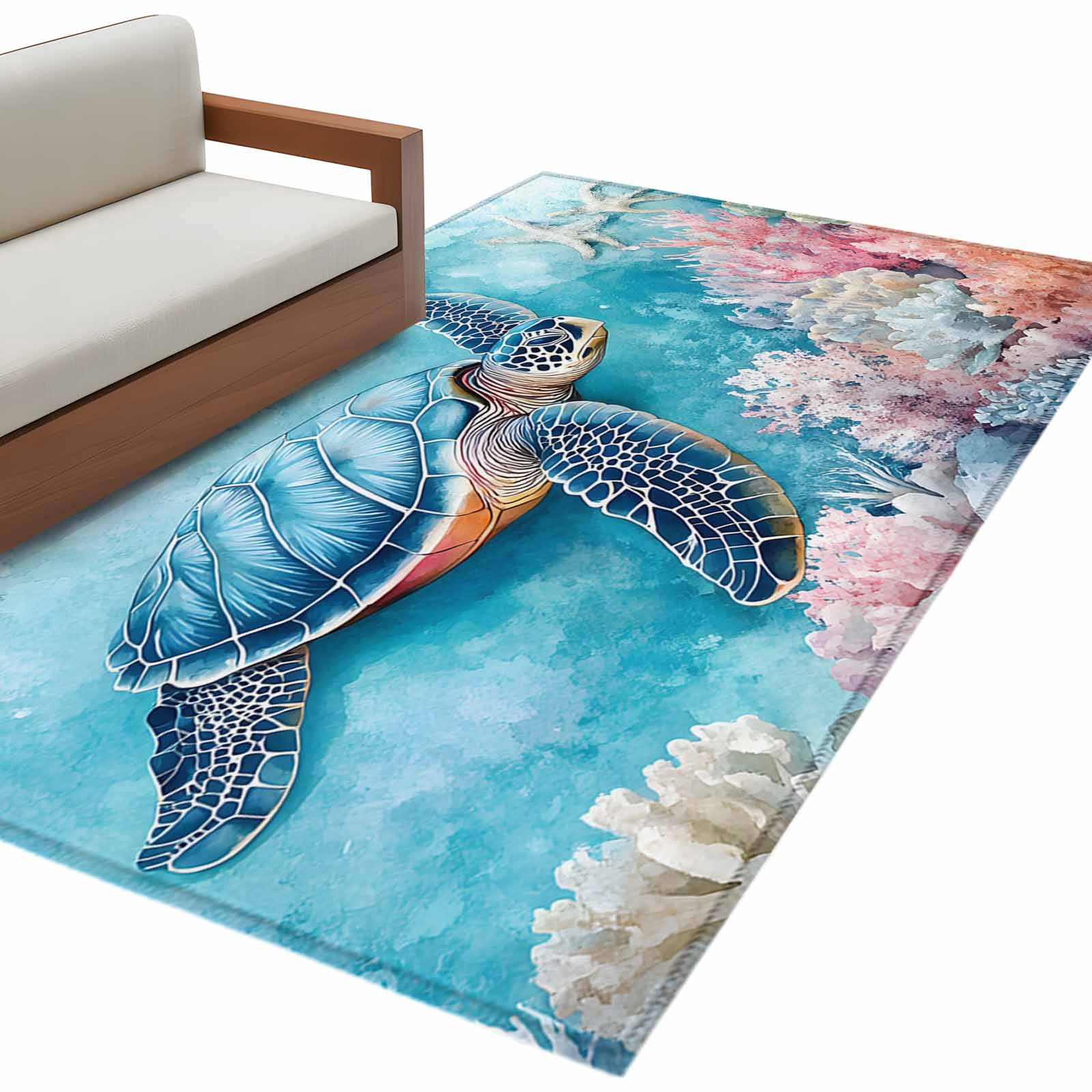 Blue Turtle Rug Blue Ocean Turtle Area Rug 4x6ft Nautical Watercolor Pink Orange Sea ...