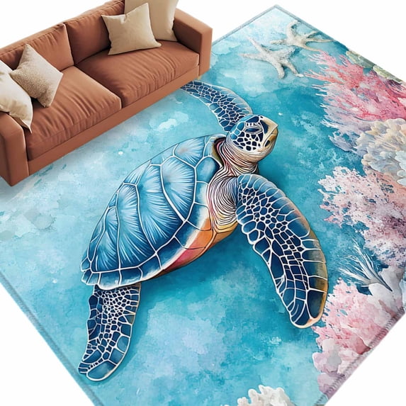 Blue Ocean Turtle Area Rug 8x10ft Nautical Watercolor Pink Orange Sea Coral Starfish Non-Slip Washable Square Rugs Soft Felt Indoor Floor Mat for Bedroom Kitchen Living Room Bathroom